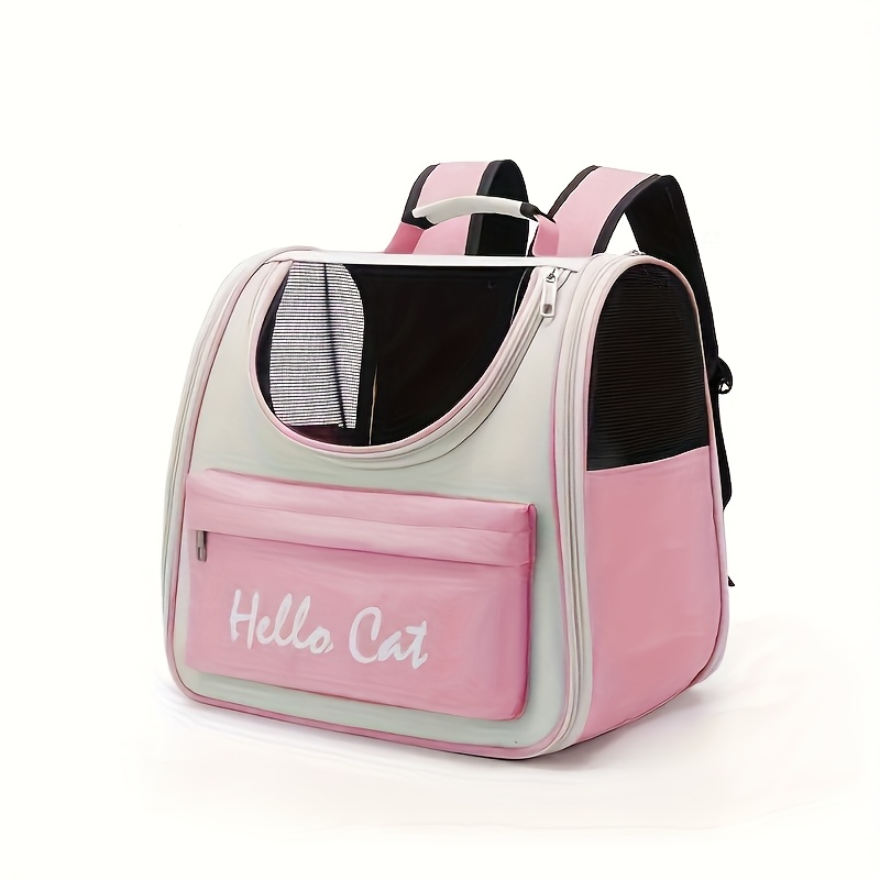 Hello Cat Nylon Pet Backpack, Large Capacity Fold-able Travel Carrier with Zipper Closure (PINK)